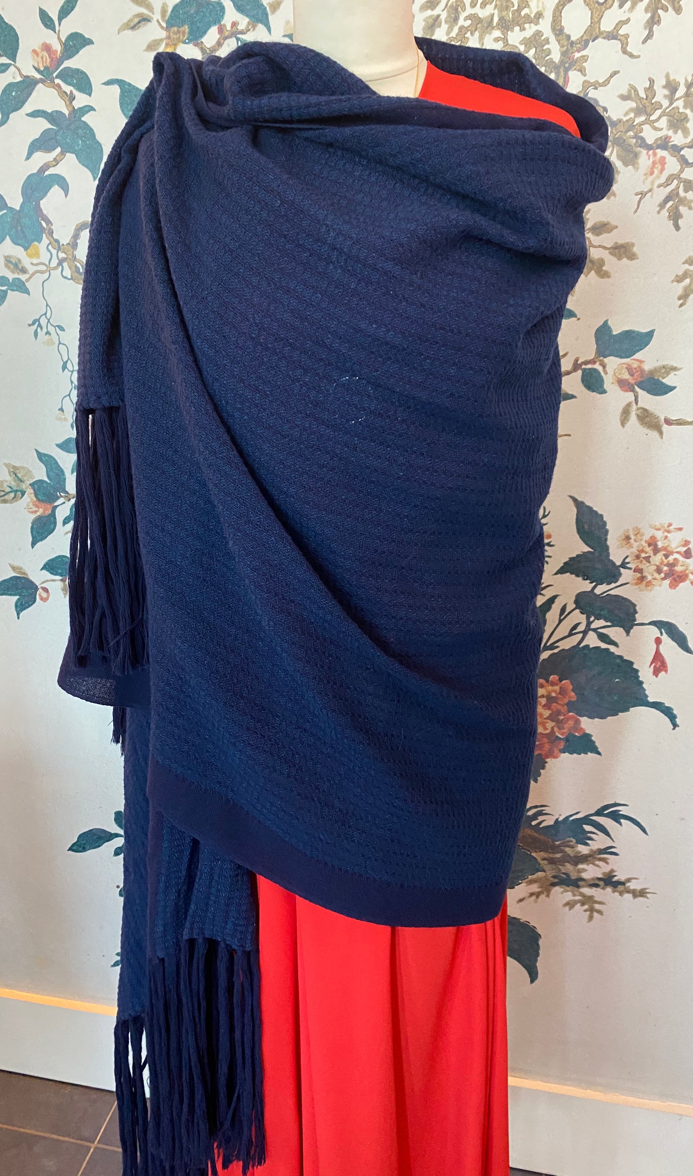 Navy Wool Blanket Scarf with Long Fringing