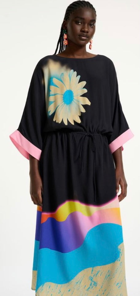 Essentiel Antwerp Black Kimono Dress with Floral Corsage