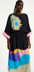 Essentiel Antwerp Black Kimono Dress with Floral Corsage