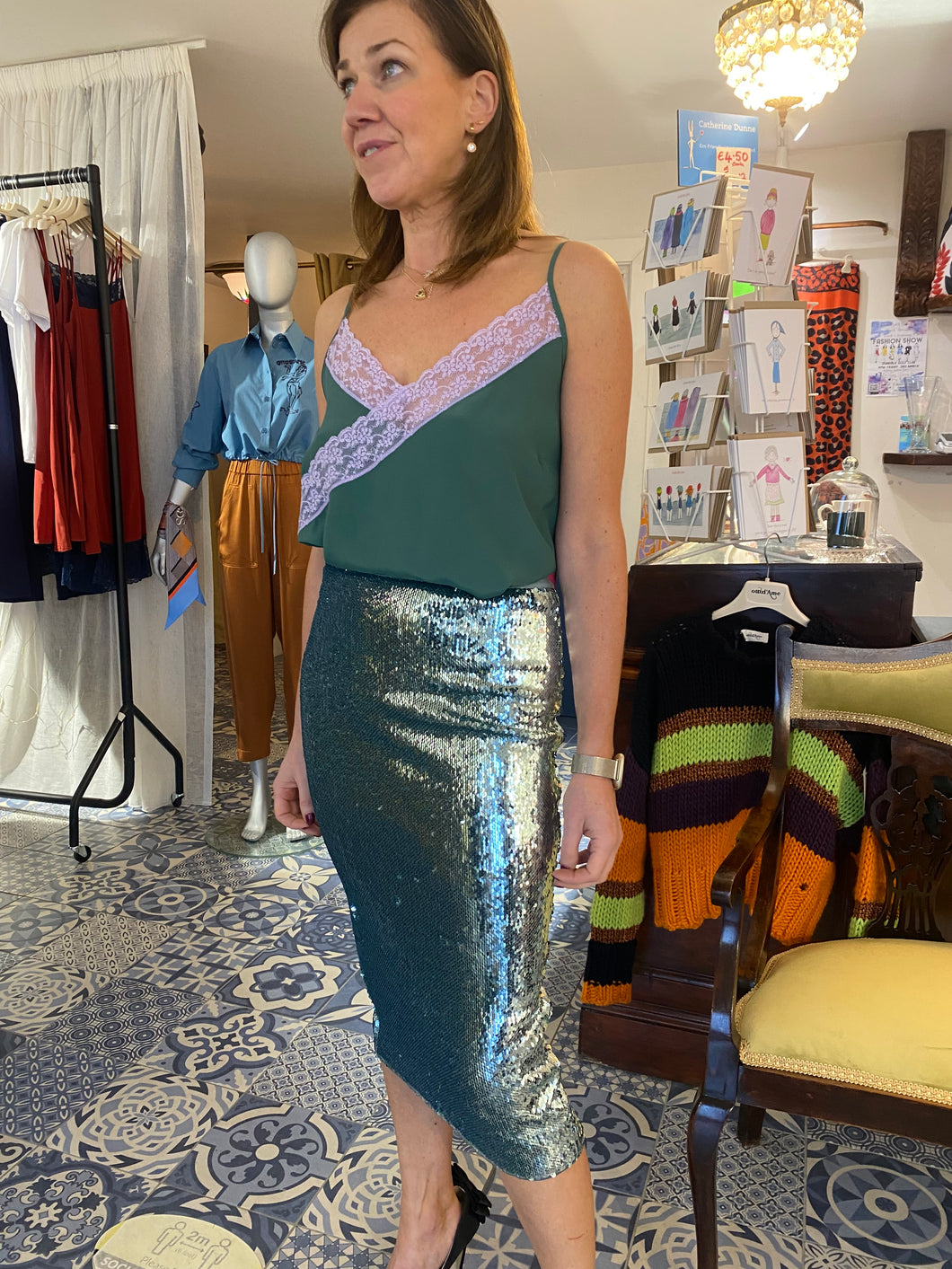 Essentiel Antwerp Aqua Sequin Pencil Skirt