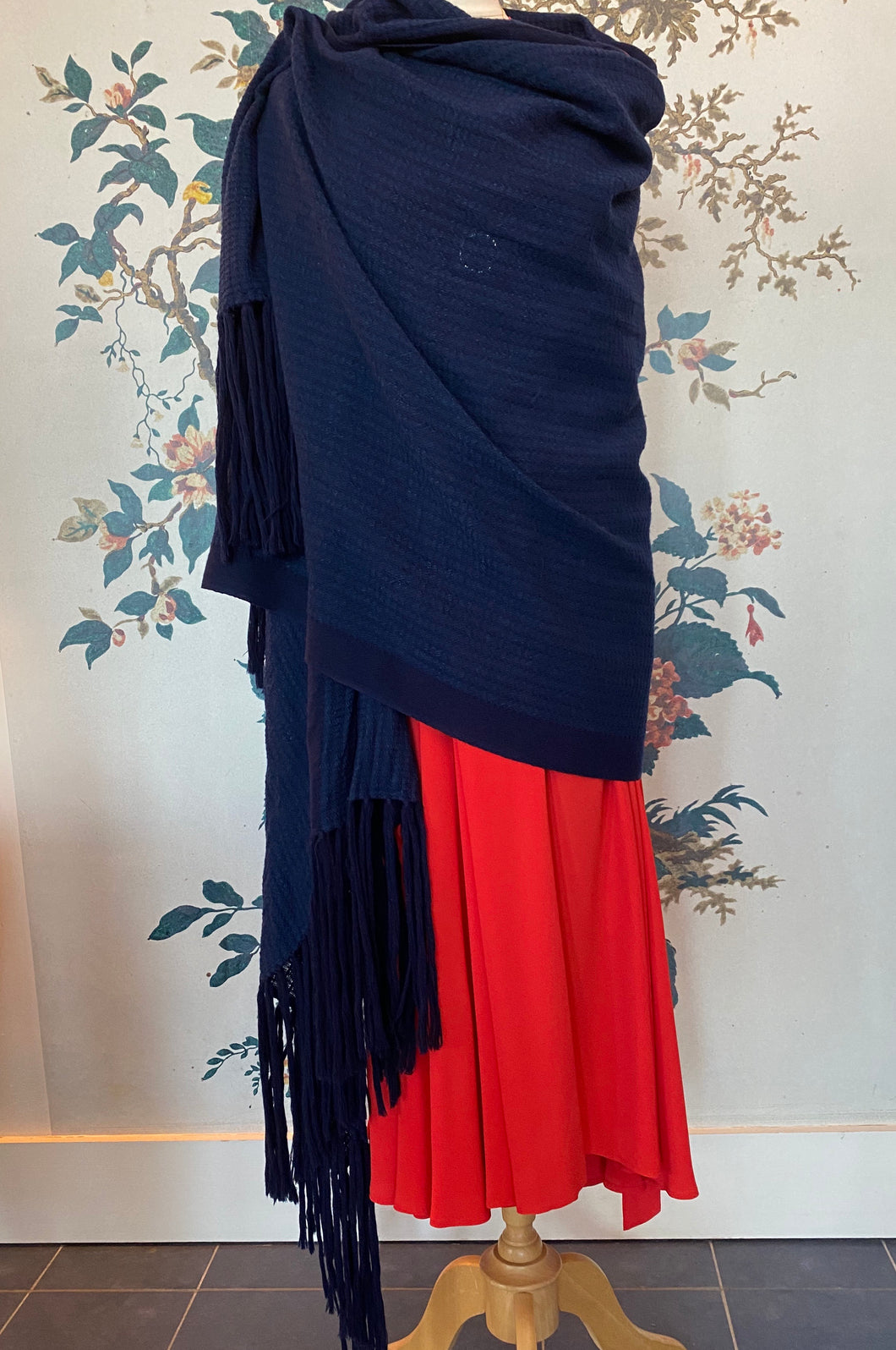 Navy Wool Blanket Scarf with Long Fringing