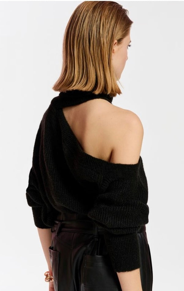 Essentiel Antwerp Black Wool-blend Knitted Cold Shoulder Jumper